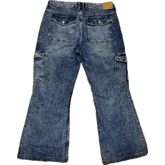 Aeropostale Women’s Mid Rise Flare Cargo Jeans Blue Denim Y2K Wide Leg Pants 14 - Picture 3 of 10